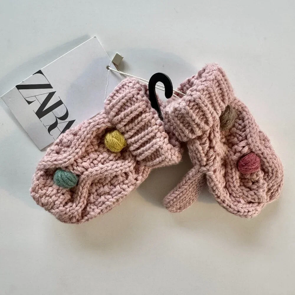 ZARA Knit Mittens | Blush Pink w/ Felt Dot Detail | 3–6Y | NWT (new with tags)